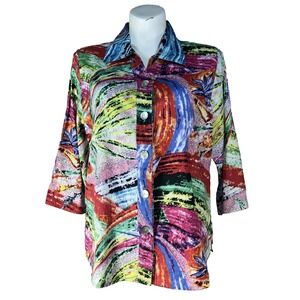 Parsley & Sage Top XL Colorful Artsy Tunic Swirl Leaf Button 3/4 Sl Collar Blous